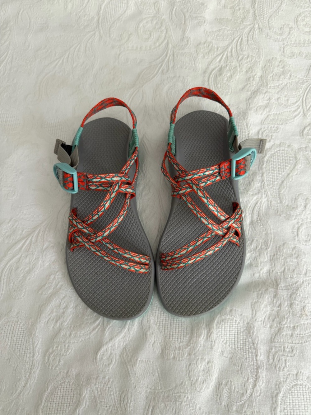 Chaco Gray Sandals with Orange-Turquoise Straps